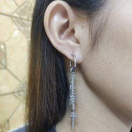 Dagger Hoop Cuff Earrings Stainless Steel Hypoallergenic Cartilage Earrings Charm Chain Tassel Huggie Sword Small Hoops Dangle Drop Non Piercing Clip on Ear Cuffs Earring for Women Men BFF Stylish Jewelry Gift Valentine' s Day Xmas 12mm (Hoop)