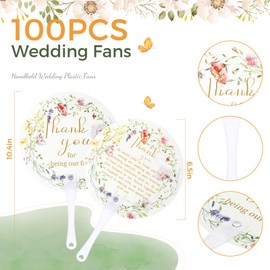 Roowest 100 Pcs Wedding Fans Bulk Wedding Hand Fans for Guests Plastic Floral Handheld Wedding Fans Favors with Handle for Ceremony Bridal Shower Wedding Party Decoration Gifts