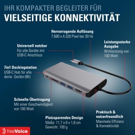 freeVoice Docking Station 7-in-1 I USB-C Docking Station 100 Watt I Multiport Adapter for HDMI, VGA, USB-A/C, RJ45 & SD I Laptop Docking Station Dual Monitor I 4K Resolution