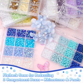 2 Boxes Blue Flatback Pearls and Rhinestones for Crafting, 3-5 mm Jelly Resin Rhinestones for Nail Gems Bedazzling, Mixed Size Half Pearls for Nail Jewelry DIY Nail Art Decoration