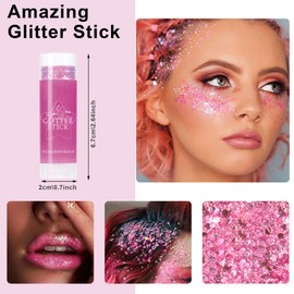 Body Glitter Stick, Face Glitters Gel Chunky Sequins, Glitter Makeup for Body, Eyes, Lips, Hair, Nails, Long-Wear Waterproof, Mermaid Shimmer Festival Rave Party Accessories for Women-03 Pink