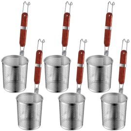 Tessco 6 Pcs Pasta Cooker Stainless Steel Pasta Basket with Wood Handle Kitchen Mesh Spider Pasta Strainer Skimmer Food Dumpling Noodle Strainer Blanching Basket for Pasta (Red Brown,4.7 Inch)