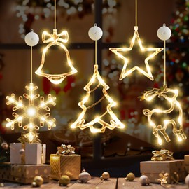 LYUBASA [Timer] 5Pcs Christmas Window Lights Decorations,Battery Powered Christmas Hanging Warm White Lighted Snowflake Tree Star Deer Bells Shaped LED Sucker for Xmas Tree Fireplace Indoor Decor