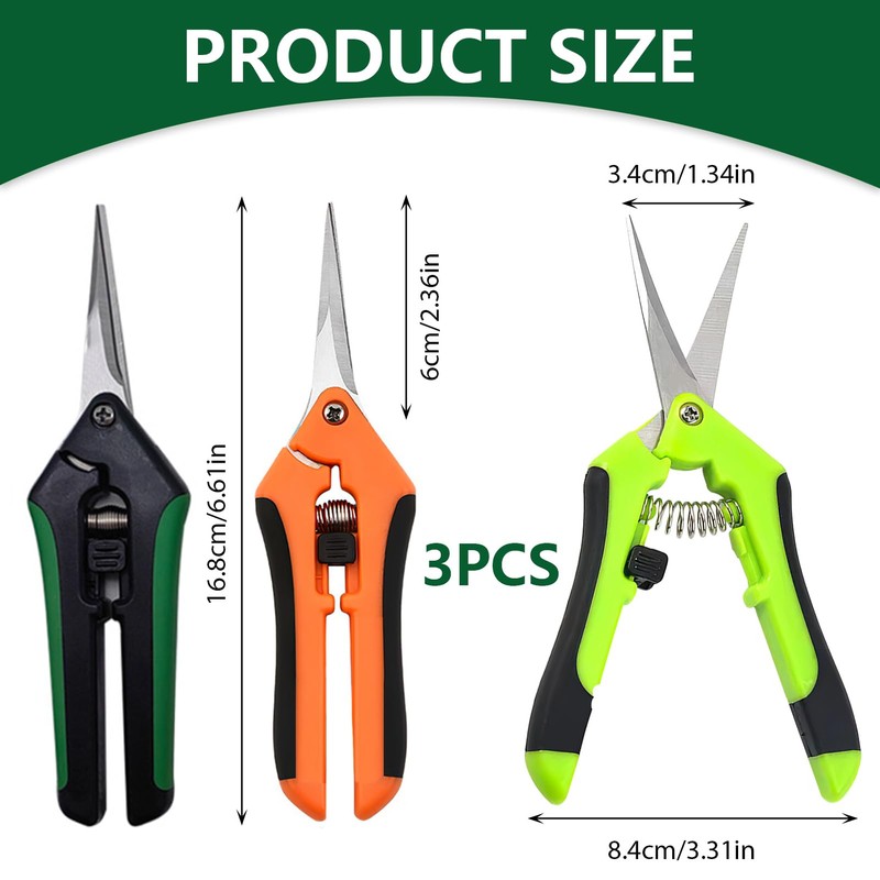 3 Pack Garden Secateurs, Compact Snips Hydroponics Multi Purpose Curved
