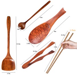 Kitchen (6 Pc Set) Wooden Utensils For Cooking - Wood Wok Shovel,Wooden Barbecue Tongs,Cooking chopsticks,Long Spoons Wooden,Nanmu Fish Shaped Rice Spoon
