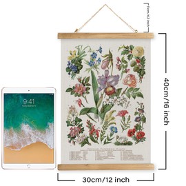 MIDEFINCH Vintage Botanical Poster Print of Familiar Flowering Plants - Rustic Wooden Hanger Frame Linen Canvas Wall Decor for Living Room Bedroom Office 12 X 16 inches
