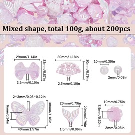 SUNNYCLUE 100G About 200Pcs Cute Pink Beads Large Plastic Butterfly Beads Baroque Kawaii Aesthetic Roses Flowers Bows Round Gradient Bead for Bracelets Necklaces Nail Phone Chain Making Accessories