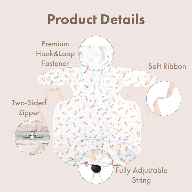 LoLaBi Coverall Long Sleeve Baby Weaning Bib with Zipper (Giraffe,