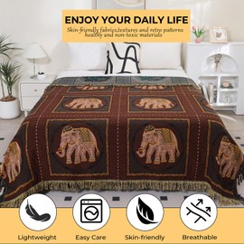 Boho Throw Blanket for Bed with Tassels,100% Cotton Ultra Soft and Cozy Large Blanket Elephant Printed Farmhouse Decor Bed Blankets,60"×80" All Season Rustic Throw for Sofa Couch Chair-Brown
