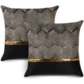 Set of 2 Throw Pillow Covers for Bed Couch Sofa Car Decor Luxury Modern Minimalist Gold Leather Stitching Wavy Stripes Square Pillowcase Cushion Cover 18 X 18 Inches (Black)