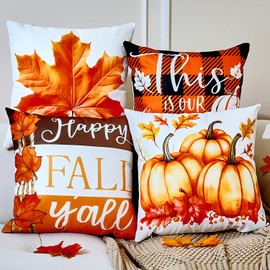 TOYPOPOR Fall Decorations for Home, Double Sided Throw Pillow Covers 20x20 Set of 4 Outdoor Indoor Fall Decor Pumpkin Fallen Leaves Autumn Thanksgiving Throw Pillow Cover for Living Room Bedroom Couch