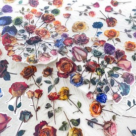 50PCS Vintage Dried Rose Stickers – Clear Waterproof Flower Botanical Scrapbook Stickers for Journaling, Crafting, Aesthetic Floral Decals for Laptops, Notebooks, Cards, Gifts