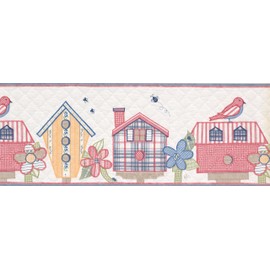 Colorful Birds on Houses with Flowers Nature Floral Wallpaper Border for Cottage Kitchen Bathroom Living Room, Roll 15' x 9''