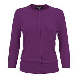 YEMAK Women's Knit Cardigan Sweater – 3/4 Sleeve Crewneck Basic Classic Casual Button Down Soft Lightweight Knitted Top CO079-PUP-S Purple
