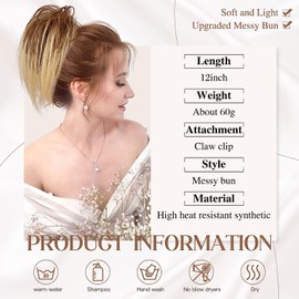 PORSMEER Ponytail Extensions with Clip Short Straight Hair Scrunchie Clip in Hairpiece Ponytail Natural Synthetic Hair Hair Extensions Messy Bun Blonde with Brown for Women Girls