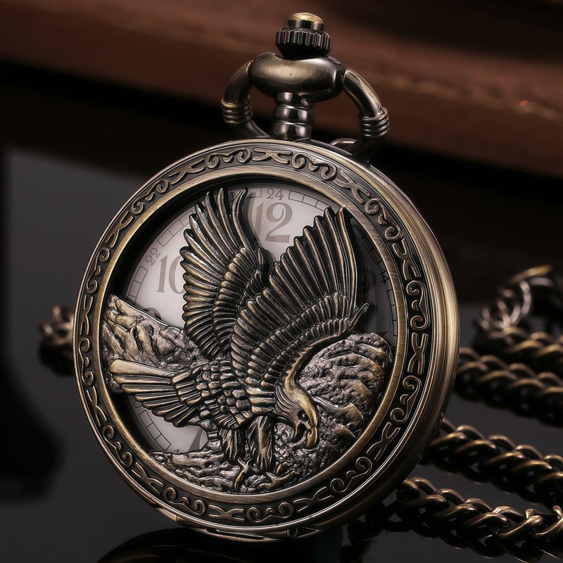 DerMacht Pocket Watch with Chain Oversized 50MM Quartz Steampunk Hollowed