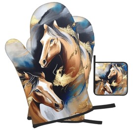 Horse Oven Mitts and Pot Holders Sets of 3 Modern Kitchen Decor Heat Resistant Hot Pads Funny Oven Gloves for Cooking Grilling Baking