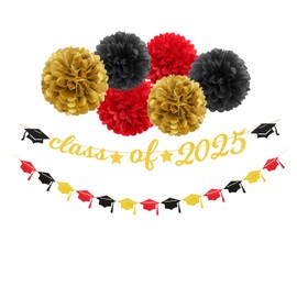 Red Black-Gold Party-Decorations Graduation Banner - 8pcs Kits Class of 2025 Cap Garland Streamers, Paper Tissue Pom Poms Flowers, Congratulations Grad Decor Lasting Surprise