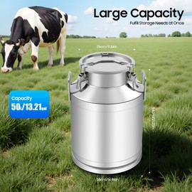 50L/13.3 Gallon Stainless Steel Milk Can - Heavy Duty Milk Jug Bucket with Ergonomic Handle and Tight Lid, SS Liquid Solid Container, Non-Slip Base, Seamless Design, Simply Rinse for Clean