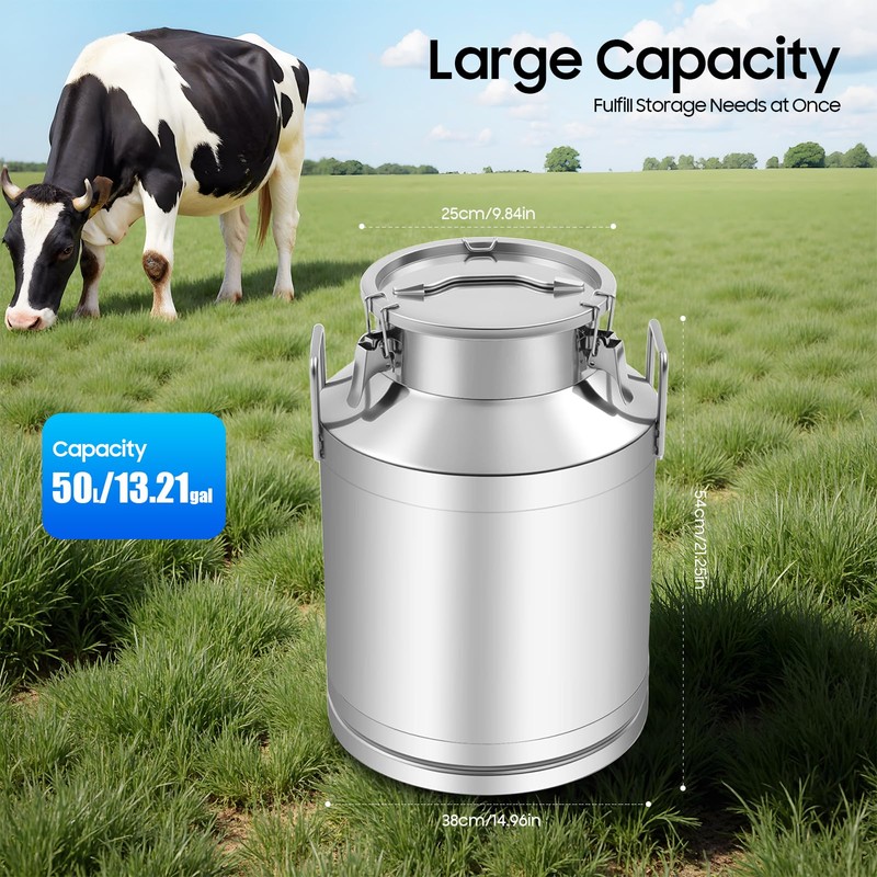 50L/13.3 Gallon Stainless Steel Milk Can - Heavy Duty Milk