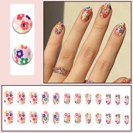 ANDGING Extra Short Press on Nails Oval Flower Neon Fake Nails with Glue Acrylic Aesthetic Glue on Nails with Designs Gel Manicure False Nail for Women Stick ons Nails for Girls Wedding Birthday