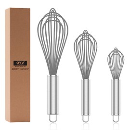 OYV Grey Silicone Whisk, Professional Whisks For Cooking Non-Scratch, Stainless Steel & Silicone Wisk, Plastic Rubber Whisk Tool For Nonstick Cookware Pans, Silicon Wisks Set of 3