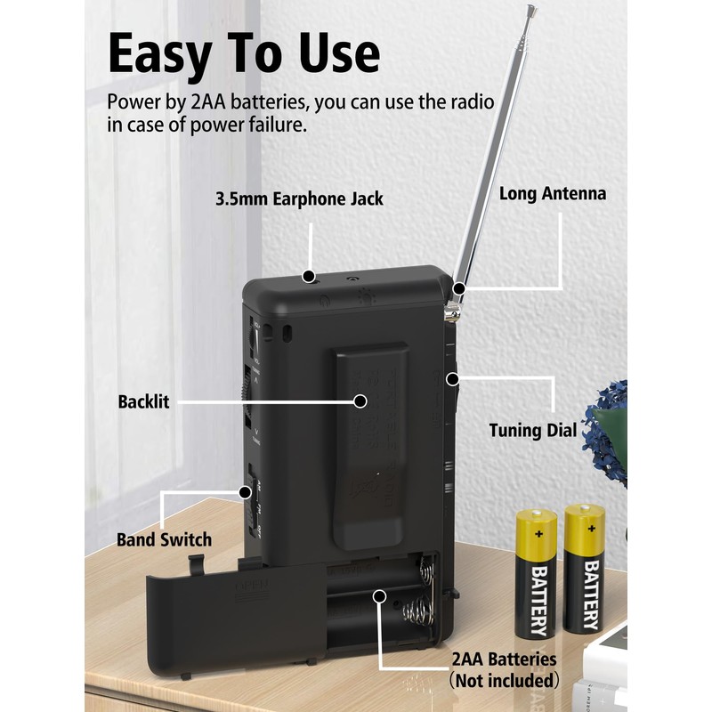 Jazmm Portable Radio AM FM,Battery Operated Radio with 3W Large