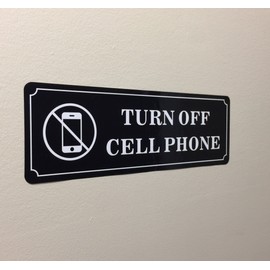 Outdoor/Indoor (2 Pack) 9" X 3" Turn Off Cell Phone Sign Black & White Sticker Decal - for Business Store, Shop, Cafe, Office, Restaurant - Back Self Adhesive Vinyl