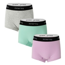 INNERSY Teen Period Pants Young Girls Boxer Shorts Leak Proof Knickers for Teenager Multipack 3 (12-14 Years, Heather Grey/Purple/Green)