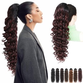 HILYBAE Ponytail Extension, Drawstring Ponytail for Black Women, 24Inch Long Curly Pony Tails Hair Extensions, Natural Synthetic Hairpiece Fluffy Ponytail for Daiy Use (Mixed Red)