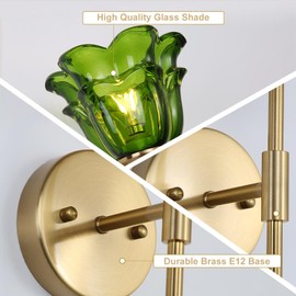 XIYOUVE 2 Pack Gold Wall Sconce with Green Glass Shades, Modern Mid Century Bathroom Vanity Wall Light Fixtures, Industrial Brushed Brass Wall Lamp, for Bedroom Mirror Living Room, ETL Listed
