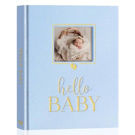 Lanpn Hello Baby Memory Book, Newborn First 5 Year Keepsake with DIY Window, Linen Baby Book Memories Journal Scrapbook Photo Book, Baby Milestone Album for Boy Girl New Parents (Blue, 154 Pages)