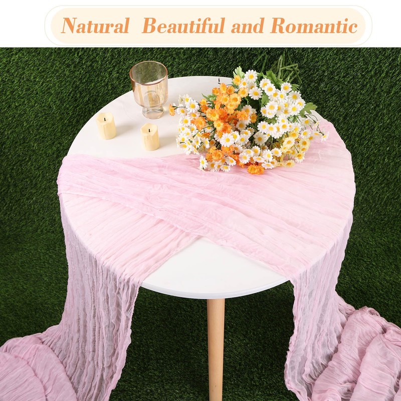 Kesfey Pink Cheesecloth Table Runner 35"x157", 13FT Long Gauze Table