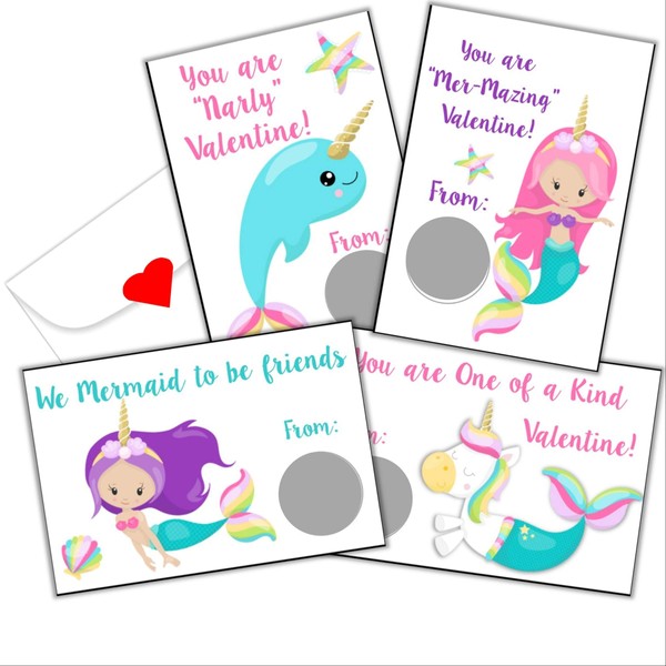 Mermaid Unicorn Valentine's Day Scratch Off Card for Kids, DIY