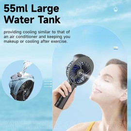 HandFan Personal Misting Fan, 55ml Large Water Tank, Poratable Handheld Rechargeable Mister Fan, Battery Operated Mist Fan, 180°Foldable, 3 Speeds, for Travel, Beach, Camping, Outdoors, Makeup(Blue)