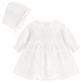 YFNVH 2 Pcs Baby Girls Christening Dress 9-12 Months, Toddler Newborn White Lace Baptism Gown with Hat, Long Sleeve Outfit for Baby Shower, Wedding, Birthday Party