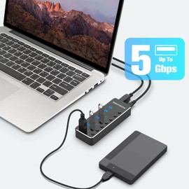 RSHTECH USB Hub Active 3.0 with Power Supply, Aluminium USB 3.0 Hub with 7 USB 3.0 Ports, USB 3.0 Port Distributor for Data Transfer with 10W (5V/2A) Power Supply, RSH-518-2