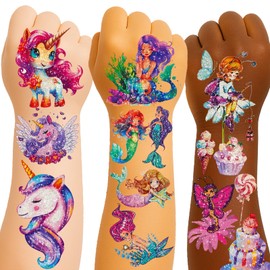 150+ Themed Designs Glitter Temporary Tattoos for Girls - Individually Wrapped, Glitter Tattoo Kit, Waterproof Fake Tattoos - Multiple Themes: Mermaid, Unicorn, Fairy, Butterfly, Sweets & More