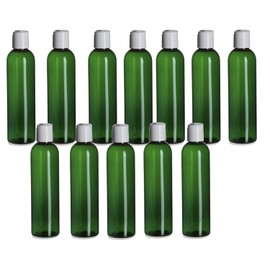 Natural Farms 12 Pack – 8 oz -Green Cosmo Plastic Bottles – White Flip Top - for Essential Oils, Perfumes, Cleaning Products