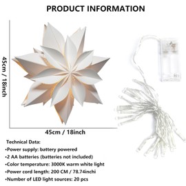 EANLOLY Christmas Star Illuminated, Paper Stars Christmas, 3D Star Window, Christmas Decoration Indoor for Hanging with Lighting, Luminous Star Fairy Lights, White, Diameter 45 cm