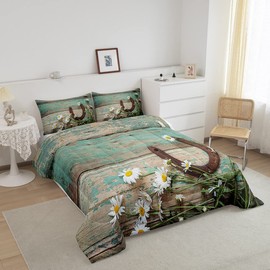 Rustic Farmhouse Bedding Set Teal Country Wooden Barn Door Down Comforter Queen Western Horseshoe Daisy Decor Comforter Set for Kids Boys Girls Teen Cowboys Cowgirls Quilt Duvet Sets 2 Pillow Cases