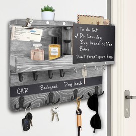 HEKOOLA Farmhouse Key and Mail Holder for Wall Decorative, Mail and Key Organizer for Wall with Different Hooks, Chalkboard, Home Decor with Shelf, Basket, Clips(Pine Wood,Washed Gray)