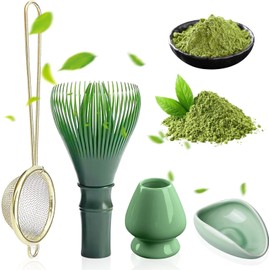 Juego de 4 Piezas para Hacer Matcha,Cuenco de Cerámica para Matcha, Batidor y Colador de Acero Inoxidable,Soporte de Agitador de Cerámica