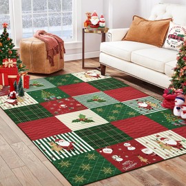 RUGSREAL Christmas Area Rug 8x10 Non Slip Washable Rug Xmas Snowman and Snowflake Area Rug Low Pile Ultra Thin Indoor Throw Carpet Rug for Laundry Dining Room, Red/Green