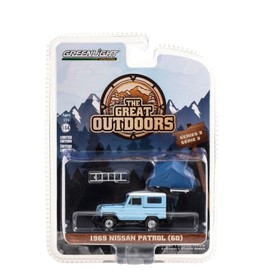 Greenlight 38050-A The Great Outdoors Series 3-1969 Patrol (60) - Light Blue & White with Camp'otel Cartop Sleeper Tent 1/64 Scale