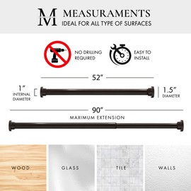 Meriville 1-inch Diameter Metal Spring Tension Rod, Closet Rod, Tension Curtain Rod, Shower Curtain Rod, Adjustable Length 52-inch to 90-inch, Oil-Rubbed Bronze