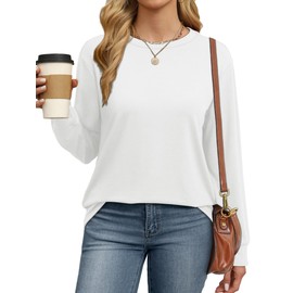 WIHOLL Womens Long Sleeve Tops Fall Clothes 2025 Trendy Loose Casual Crewneck Workout Pullover Under T Shirts White M