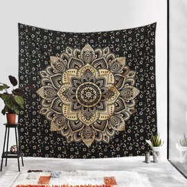 Color Decor New Passion Gold Black Ombre Tapestry Indian Mandala Wall Art, Hippie Wall Hanging, Bohemian Bedspread Black With Gold Ombre (Twin (54"x84" Inch))