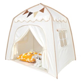 BOLERLE Toddler Bed Tent, Kids Play Tent with Flags, Star String, Portable Bed Canopy for Boys & Girls, Children, Indoor Outdoor Dome Playhouse, Cream, 51" x 39" x 51"