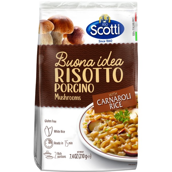 Porcini Mushrooms, Riso Scotti, Carnaroli Rice, Ready Meal, Easy to Cook, Italian Seasoned Risotto, Easy Dinner Side Dish, Just Add Water and Heat, , 7.4 oz, 2-3 servings